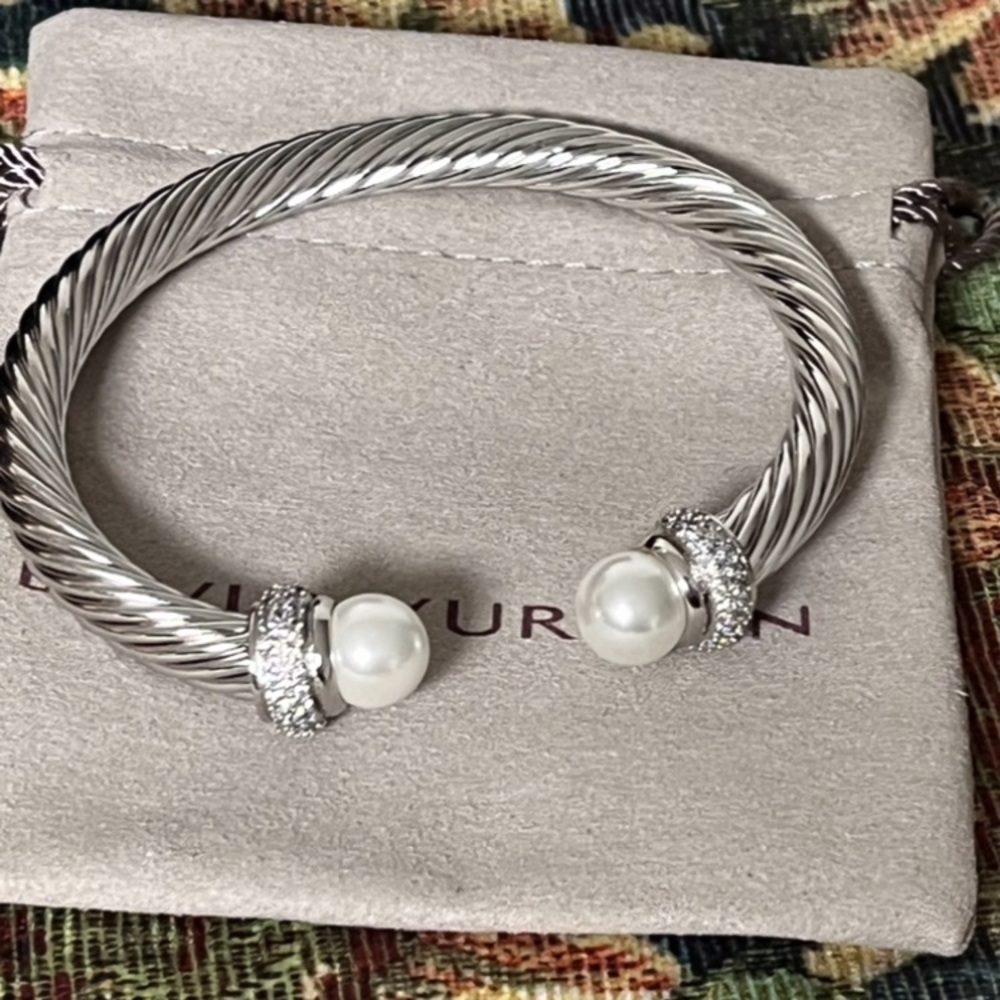 David Yurman Silver Cable Bracelet with Pearls and Pavé Accents 7mm